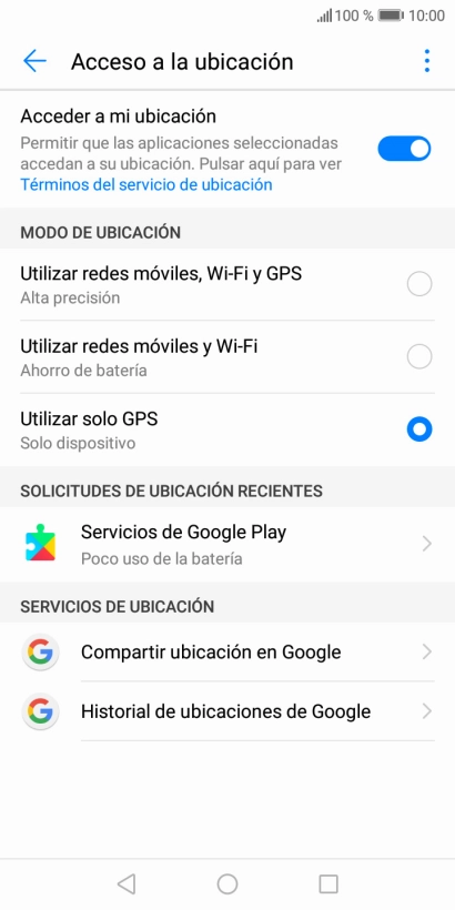 Si seleccionas Utilizar redes móviles, Wi-Fi y GPS, el teléfono podrá encontrar tu posición exacta con ayuda de los satélites GPS, la red móvil y una red wifi cercana. El GPS por satélite requiere vista libre al cielo.