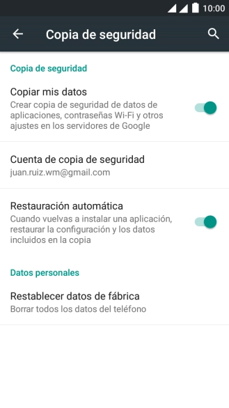 Pulsa Restablecer datos de fábrica.
