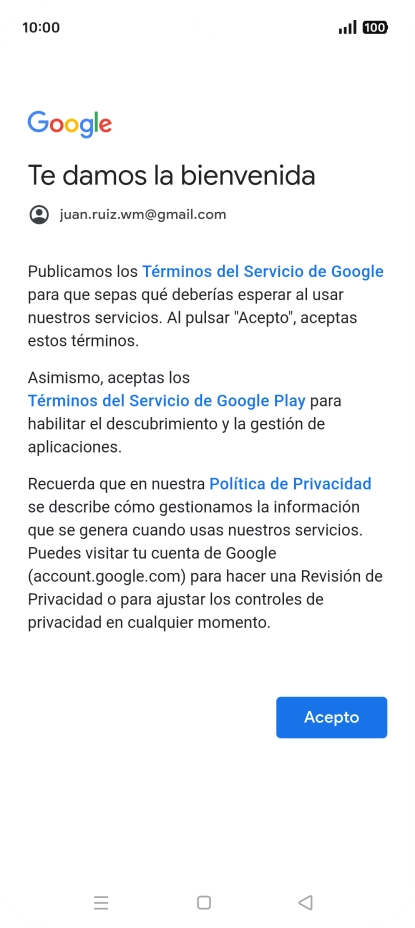 Pulsa Acepto y sigue las indicaciones de la pantalla para seleccionar los ajustes de tu cuenta de Google.