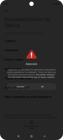 Pulsa OK. Espera unos instantes mientras el teléfono restablece la configuración predeterminada. Sigue las indicaciones de la pantalla para configurar el teléfono y dejarlo listo para su uso.