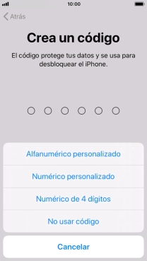 Sigue las indicaciones de la pantalla para activar el uso del código de seguridad o pulsa No usar código.