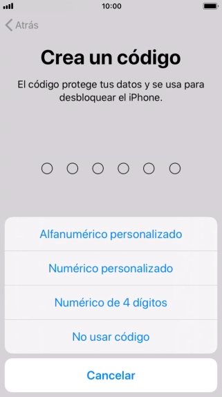 Sigue las indicaciones de la pantalla para activar el uso del código de seguridad o pulsa No usar código.