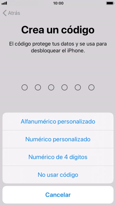 Sigue las indicaciones de la pantalla para activar el uso del código de seguridad o pulsa No usar código.
