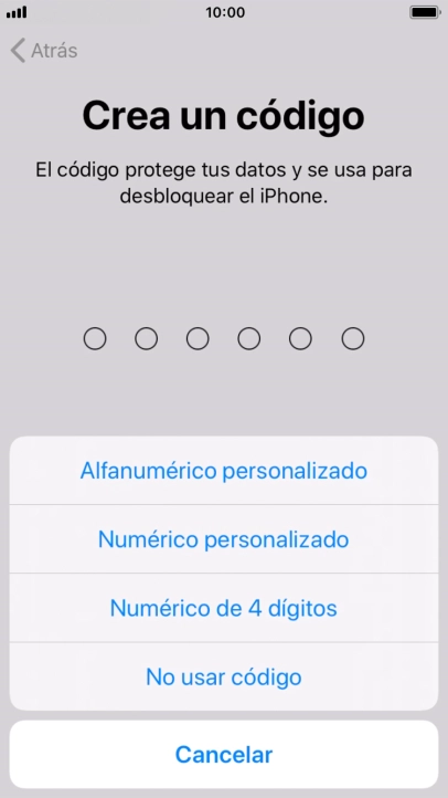 Sigue las indicaciones de la pantalla para activar el uso del código de seguridad o pulsa No usar código.