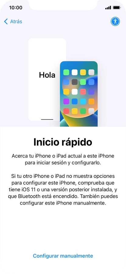 Sigue las indicaciones de la pantalla para transferir contenido de otro dispositivo iOS11 o con una versión más reciente o pulsa Configurar manualmente.