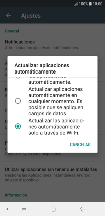 Para activar la actualización automática de apps a través de wifi, pulsa Actualizar las aplicaciones automáticamente a través de Wi-Fi..