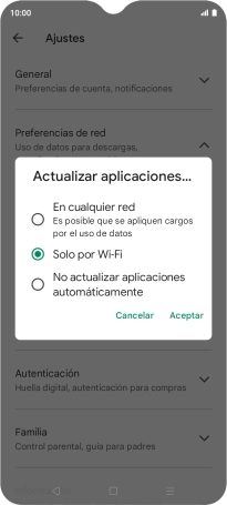 Para activar la actualización automática de apps utilizando la red móvil, pulsa En cualquier red.