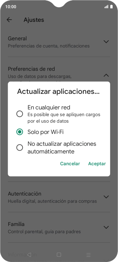 Para activar la actualización automática de apps utilizando la red móvil, pulsa En cualquier red.