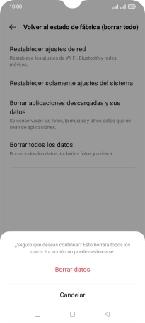 Pulsa Borrar datos. Espera unos instantes mientras el teléfono restablece la configuración predeterminada. Sigue las indicaciones de la pantalla para configurar el teléfono y dejarlo listo para su uso.