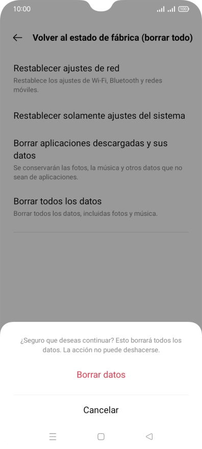 Pulsa Borrar datos. Espera unos instantes mientras el teléfono restablece la configuración predeterminada. Sigue las indicaciones de la pantalla para configurar el teléfono y dejarlo listo para su uso.