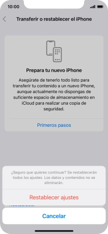 Pulsa Restablecer ajustes. Espera unos instantes mientras el teléfono restablece la configuración predeterminada. Sigue las indicaciones de la pantalla para configurar el teléfono y dejarlo listo para su uso.
