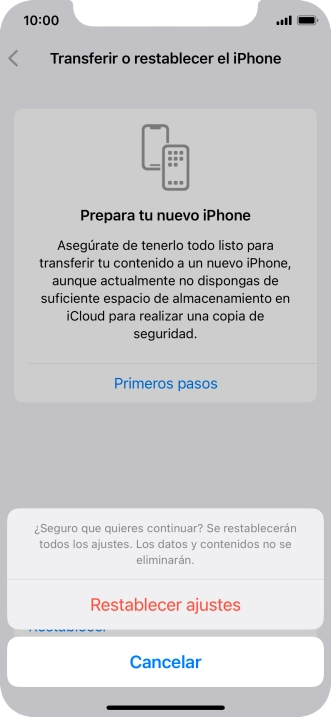 Pulsa Restablecer ajustes. Espera unos instantes mientras el teléfono restablece la configuración predeterminada. Sigue las indicaciones de la pantalla para configurar el teléfono y dejarlo listo para su uso.