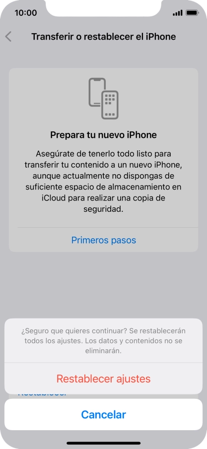 Pulsa Restablecer ajustes. Espera unos instantes mientras el teléfono restablece la configuración predeterminada. Sigue las indicaciones de la pantalla para configurar el teléfono y dejarlo listo para su uso.
