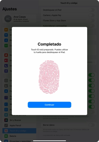 Pulsa Continuar. Si no has añadido anteriormente un código de seguridad, tendrás que introducir un código de libre elección dos veces consecutivas.
