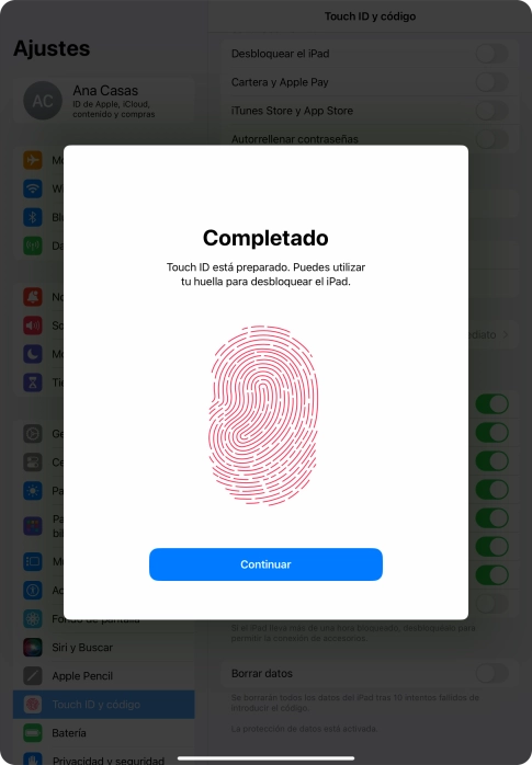 Pulsa Continuar. Si no has añadido anteriormente un código de seguridad, tendrás que introducir un código de libre elección dos veces consecutivas.