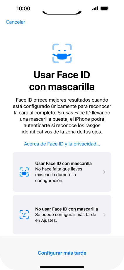 Pulsa Configurar más tarde. Si no has añadido anteriormente un código de seguridad, tendrás que introducir un código de libre elección dos veces consecutivas.