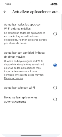 Para activar la actualización automática de apps utilizando la red móvil, pulsa Actualizar todas las apps con Wi-Fi o datos móviles.