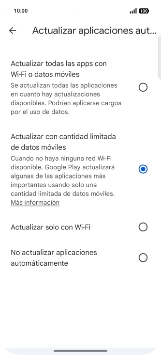 Para activar la actualización automática de apps utilizando la red móvil, pulsa Actualizar todas las apps con Wi-Fi o datos móviles.