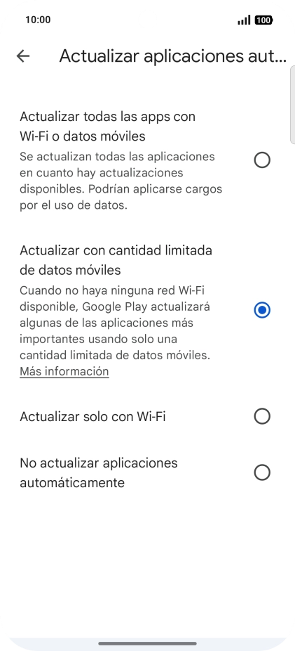 Para activar la actualización automática de apps utilizando la red móvil, pulsa Actualizar todas las apps con Wi-Fi o datos móviles.
