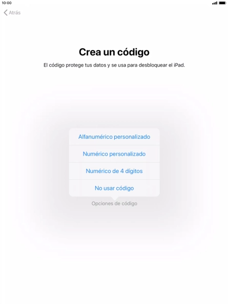 Sigue las indicaciones de la pantalla para activar el uso del código de seguridad o pulsa No usar código.