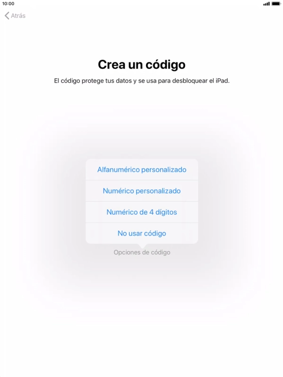 Sigue las indicaciones de la pantalla para activar el uso del código de seguridad o pulsa No usar código.