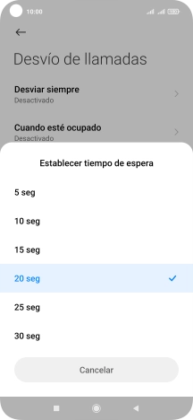 Si desvías las llamadas perdidas, tendrás que seleccionar un retardo para el desvío. Pulsa el retardo deseado y sigue las indicaciones de la pantalla para seleccionar el retardo deseado del desvío.