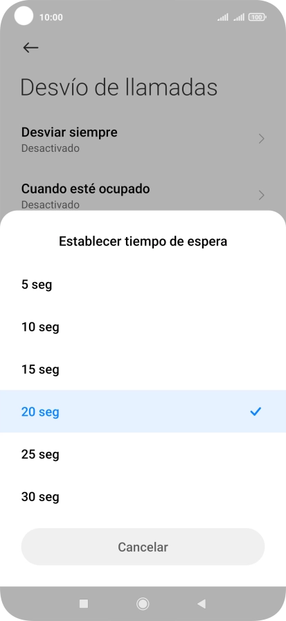 Si desvías las llamadas perdidas, tendrás que seleccionar un retardo para el desvío. Pulsa el retardo deseado y sigue las indicaciones de la pantalla para seleccionar el retardo deseado del desvío.
