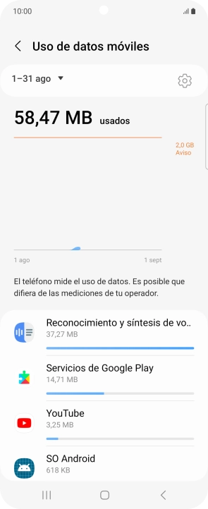 El consumo de datos por cada aplicación aparece bajo el nombre de la aplicación.