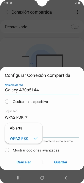 Pulsa WPA2 PSK para proteger la conexión wifi con una contraseña.