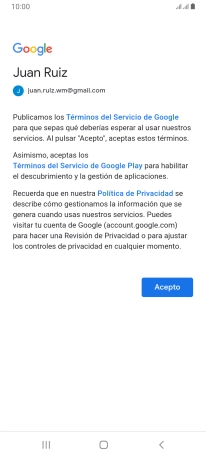 Pulsa Acepto y sigue las indicaciones de la pantalla para seleccionar los ajustes de tu cuenta de Google.