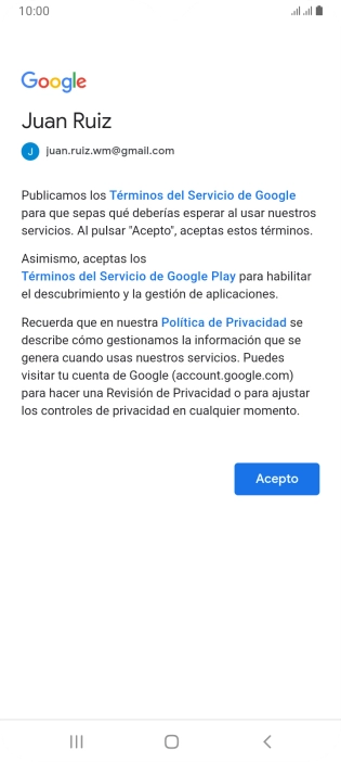 Pulsa Acepto y sigue las indicaciones de la pantalla para seleccionar los ajustes de tu cuenta de Google.
