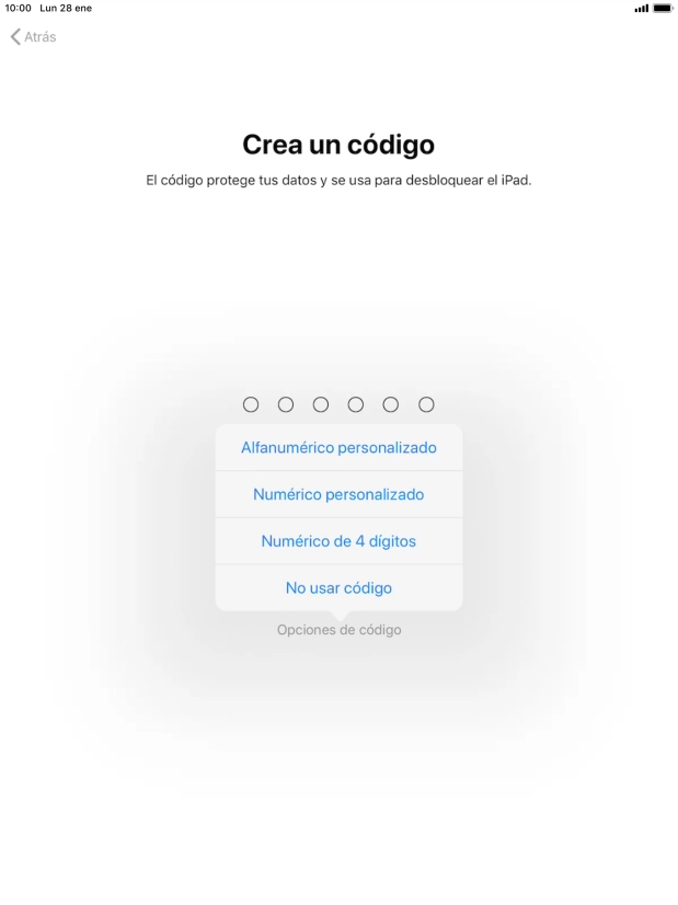 Sigue las indicaciones de la pantalla para activar el uso del código de seguridad o pulsa No usar código.