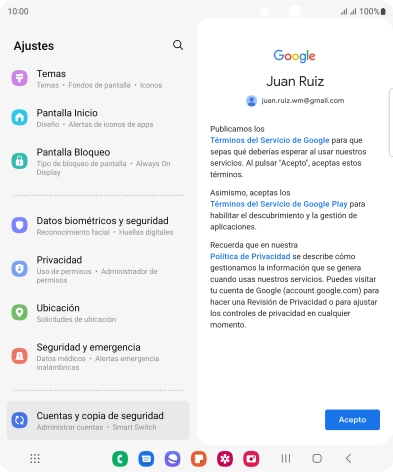 Pulsa Acepto y sigue las indicaciones de la pantalla para seleccionar los ajustes de tu cuenta de Google.