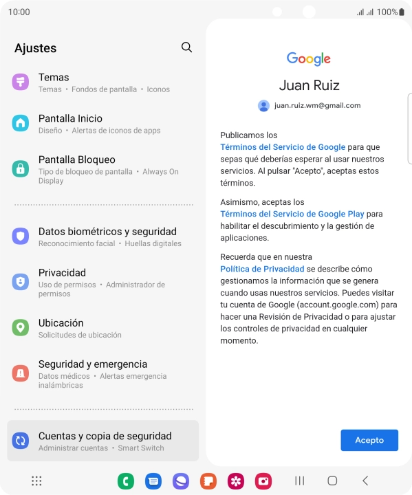 Pulsa Acepto y sigue las indicaciones de la pantalla para seleccionar los ajustes de tu cuenta de Google.