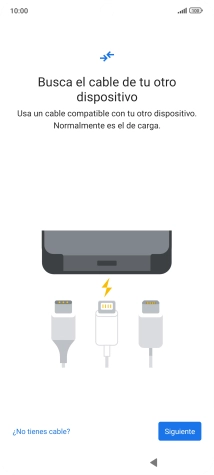 Si tienes un cable que pueda conectar ambos teléfonos, inserta el cable y sigue las instrucciones de la pantalla para transferir contenido a tu teléfono. Si no tienes un cable, pulsa ¿No tienes cable?.