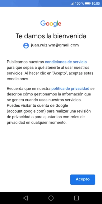 Pulsa Acepto y sigue las indicaciones de la pantalla para seleccionar los ajustes de tu cuenta de Google.