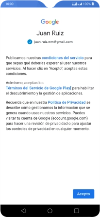 Pulsa Acepto y sigue las indicaciones de la pantalla para seleccionar los ajustes de tu cuenta de Google.