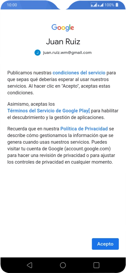Pulsa Acepto y sigue las indicaciones de la pantalla para seleccionar los ajustes de tu cuenta de Google.