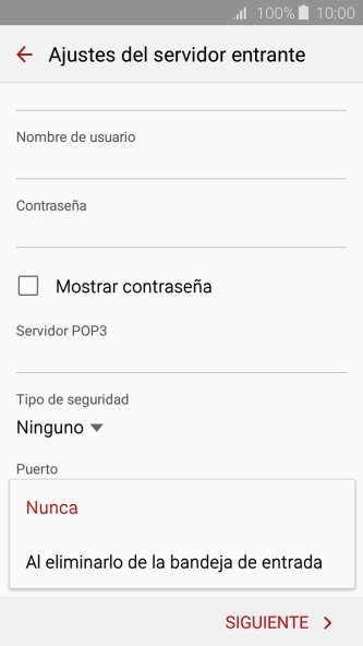 Pulsa Nunca para conservar los correos electrónicos en el servidor cuando los borras del teléfono.