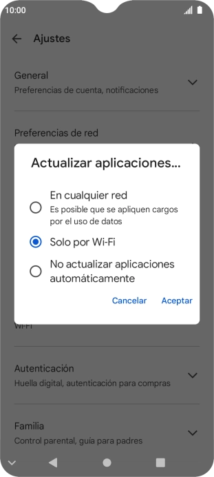 Para activar la actualización automática de apps utilizando la red móvil, pulsa En cualquier red.