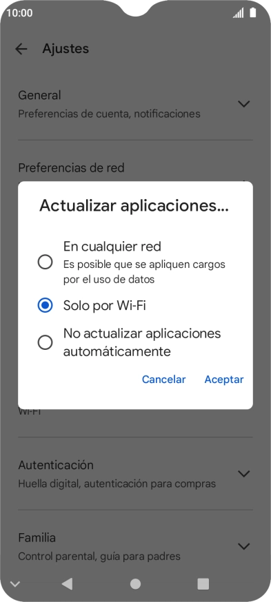 Para activar la actualización automática de apps utilizando la red móvil, pulsa En cualquier red.