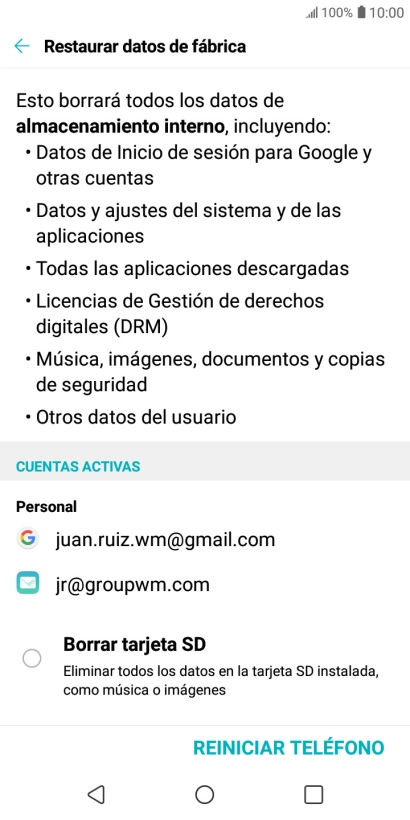 Pulsa REINICIAR TELÉFONO.