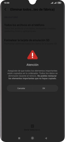 Pulsa OK. Espera unos instantes mientras el teléfono restablece la configuración predeterminada. Sigue las indicaciones de la pantalla para configurar el teléfono y dejarlo listo para su uso.