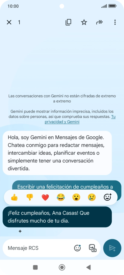 Pulsa la propuesta de texto de Gemini durante unos instantes. Sigue las indicaciones de la pantalla para utilizar el texto propuesto.