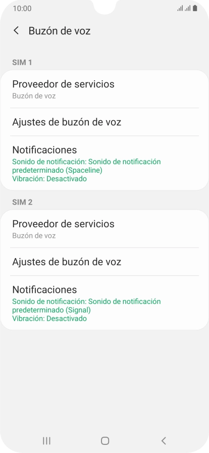 Pulsa Ajustes de buzón de voz bajo la tarjeta SIM deseada.