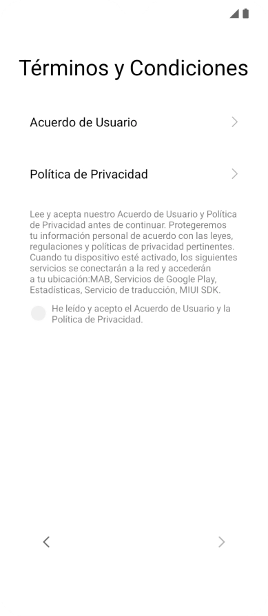 Pulsa en el campo  para aceptar los términos y condiciones.