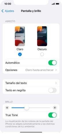 Si activas la función, pulsa Opciones y sigue las indicaciones de la pantalla para seleccionar el período de tiempo que debe durar el Modo Oscuro.