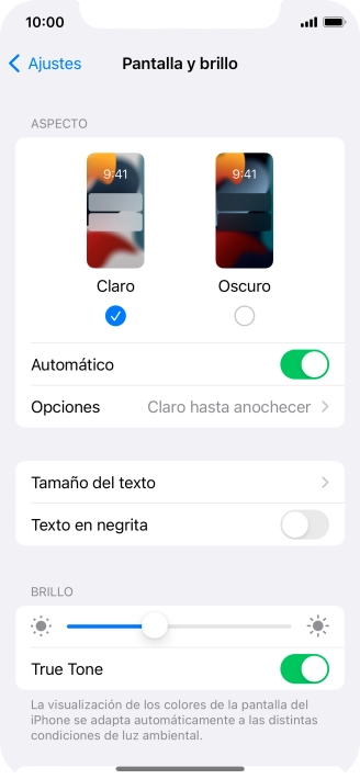 Si activas la función, pulsa Opciones y sigue las indicaciones de la pantalla para seleccionar el período de tiempo que debe durar el Modo Oscuro.