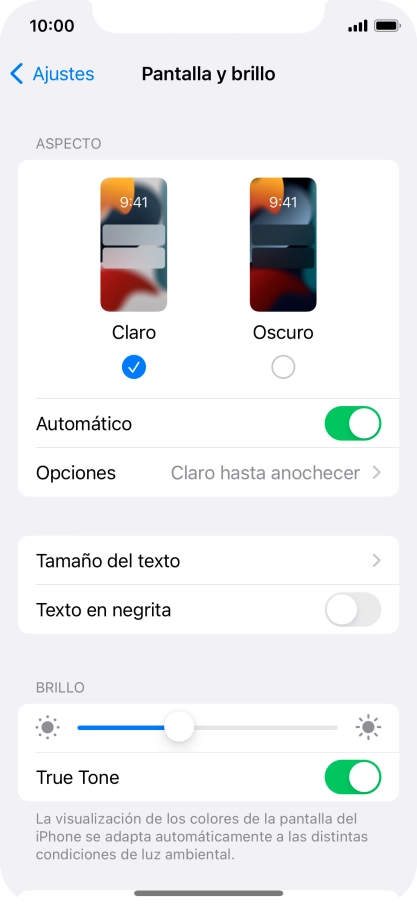 Si activas la función, pulsa Opciones y sigue las indicaciones de la pantalla para seleccionar el período de tiempo que debe durar el Modo Oscuro.