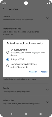 Para activar la actualización automática de apps utilizando la red móvil, pulsa En cualquier red.